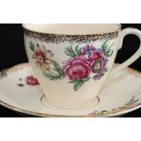 Vintage Floral & Gold Accents Teacup And Saucer Stamped In Blue JAPAN